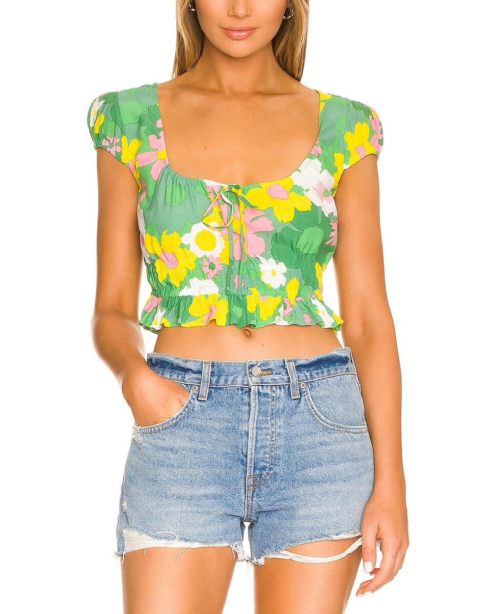 Faithfull The Brand Cropped La Palma Floral Print Las Olas Blouse Size S